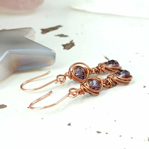 Copper Wire Glass Beaded Dangle Earrings, Boho Chic Artisan OOAK 2" - Picture 8 of 10